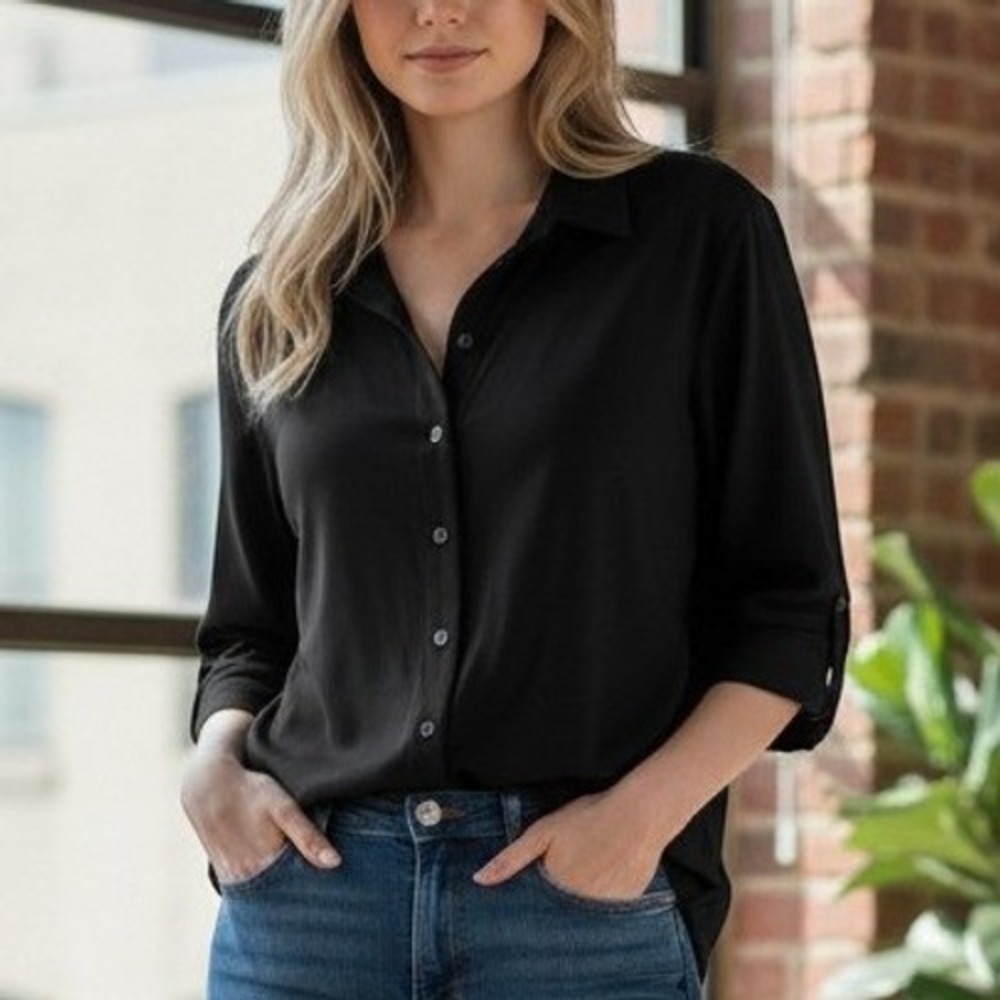 $60 Venezia Jeans sheer button up long sleeve blouse 3/4 sleeve nylon PLUS 22 24